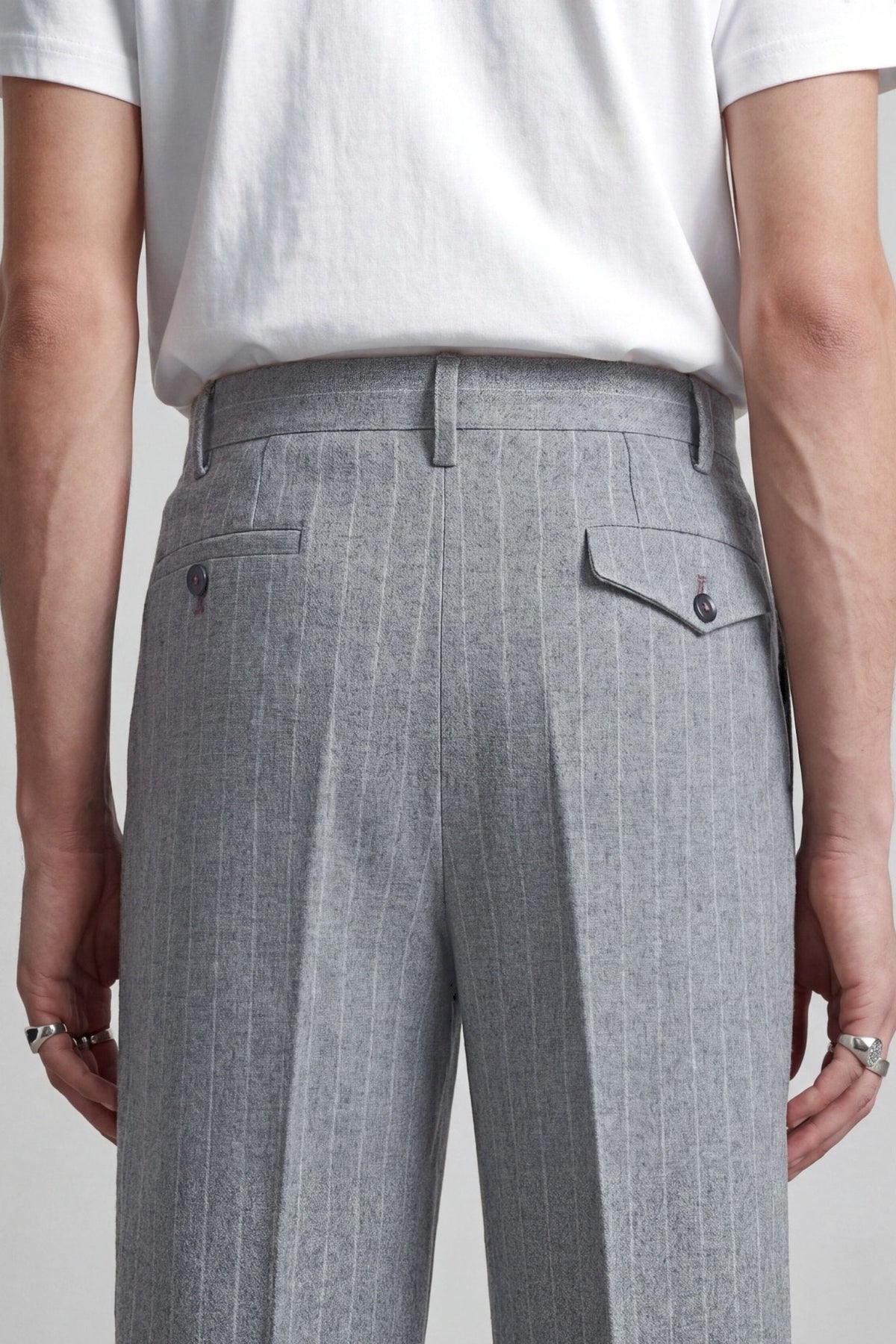 Tyson Relaxed Fit Grey Pinstripe Suit – back detail crop shot | Apollo Fashions Urbanwear