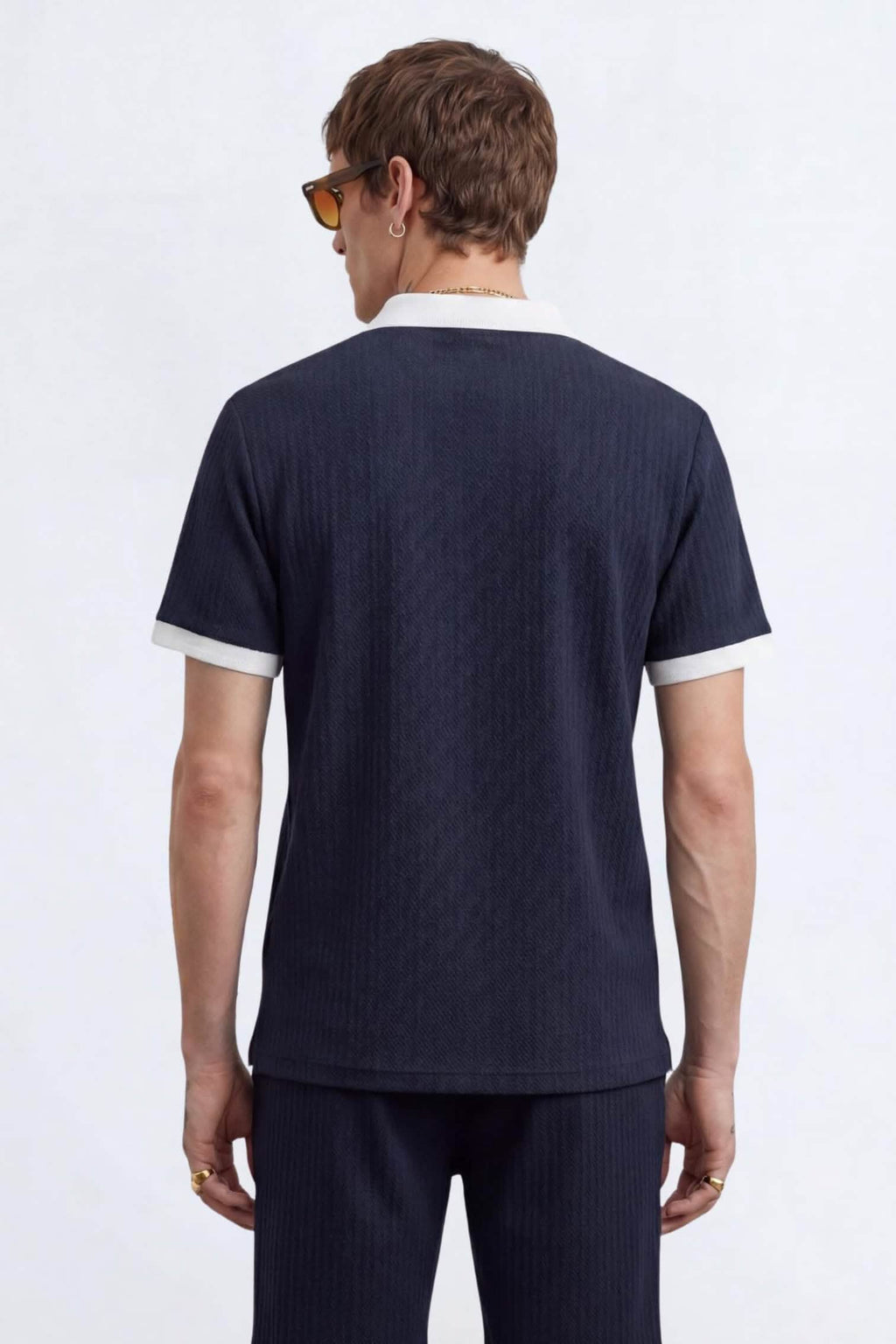 Henry Navy Textured Open Collar Polo – back mid shot | Apollo Fashions Urbanwear