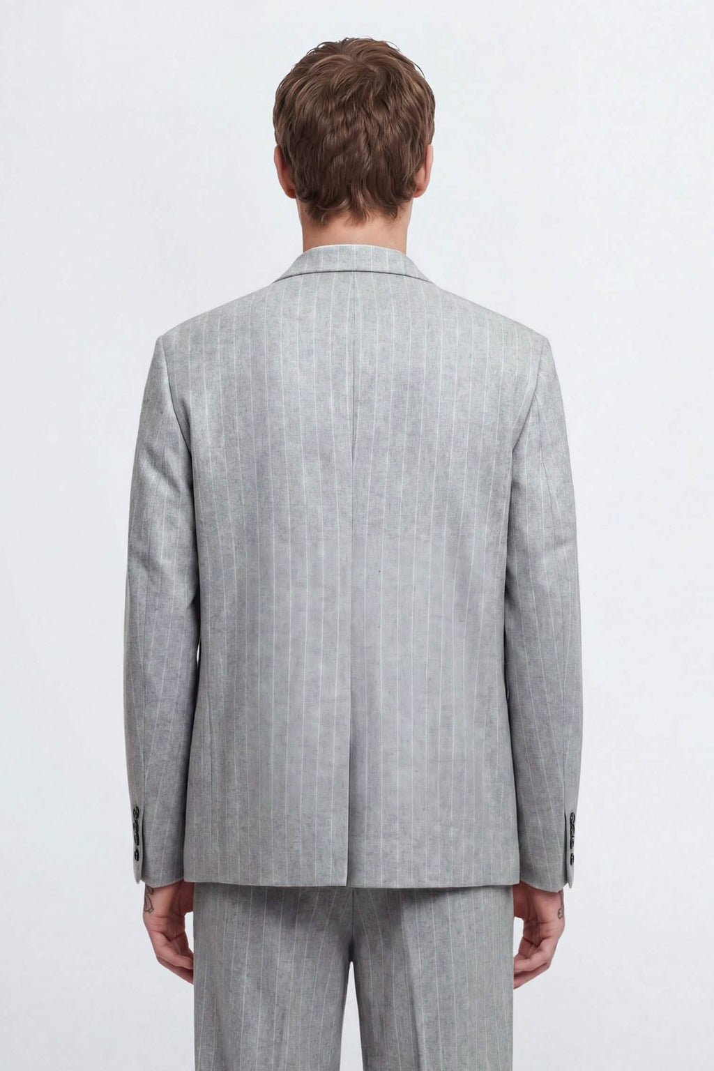 Tyson Relaxed Fit Grey Pinstripe Suit – back mid shot | Apollo Fashions Urbanwear