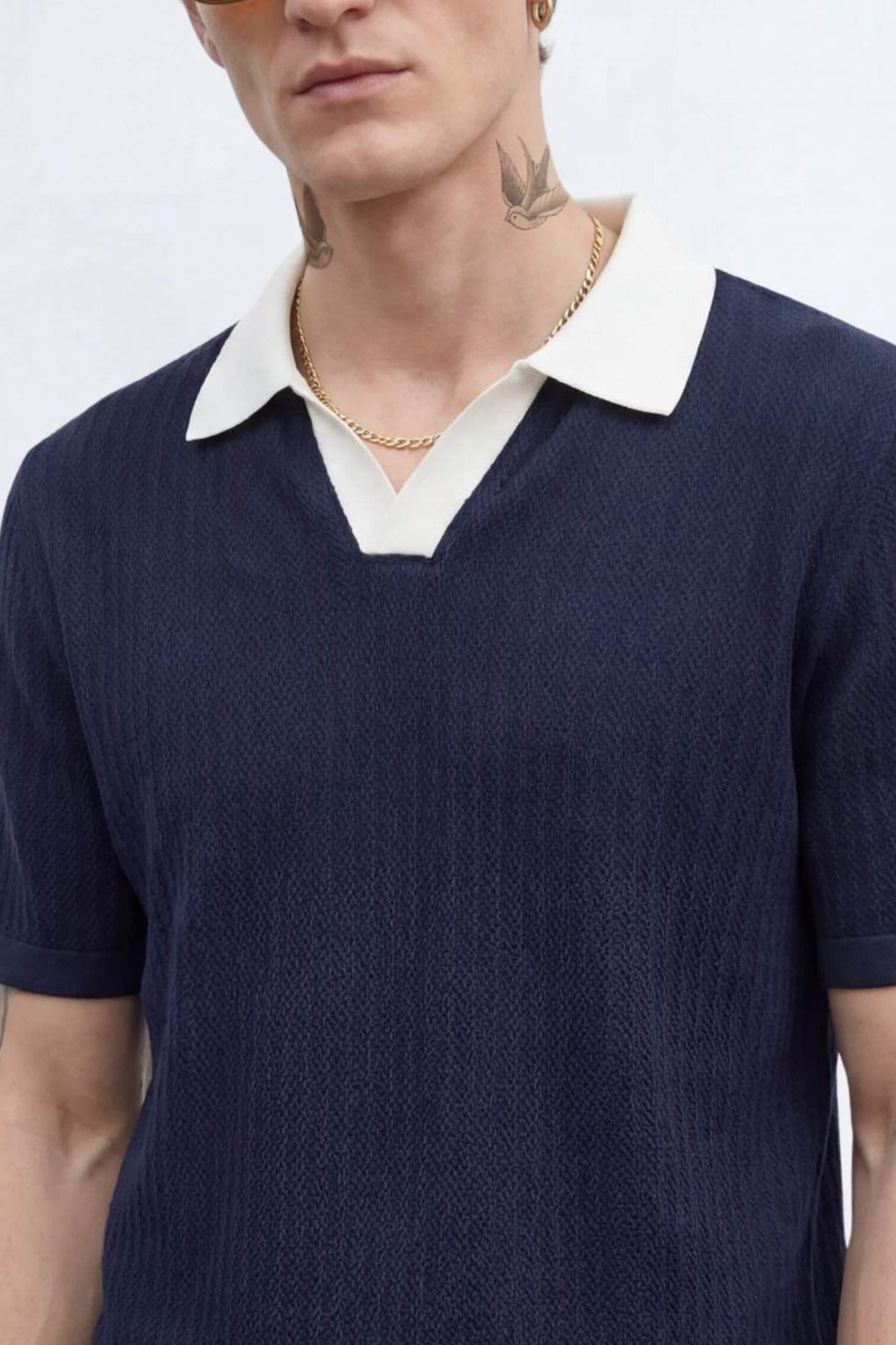 Henry Navy Textured Open Collar Polo – collar detail close-up | Apollo Fashions Urbanwear