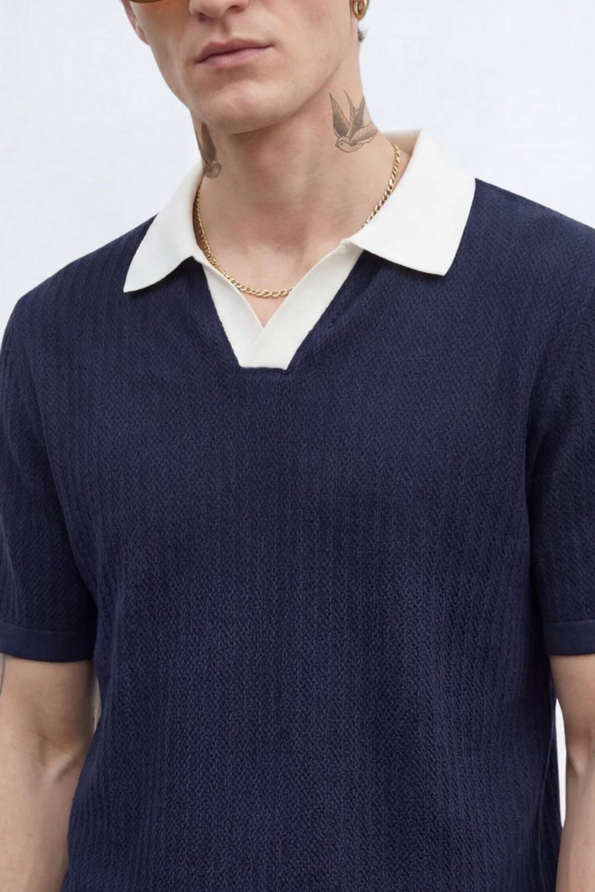 Henry Navy Textured Open Collar Polo – collar detail close-up | Apollo Fashions Urbanwear