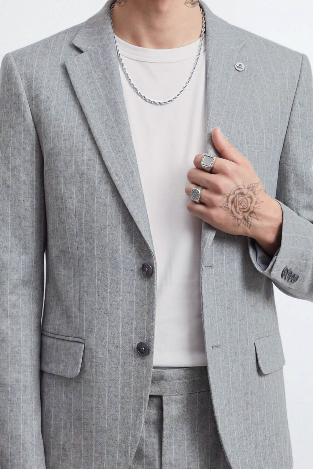Tyson Relaxed Fit Grey Pinstripe Suit – lapel detail close-up | Apollo Fashions Urbanwear