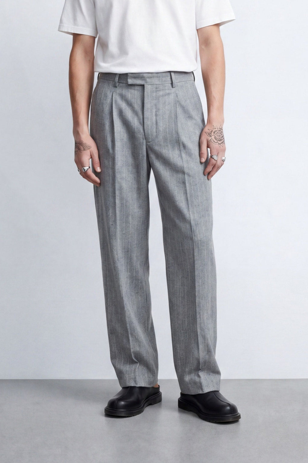 Tyson Relaxed Fit Grey Pinstripe Suit – front crop shot | Apollo Fashions Urbanwear