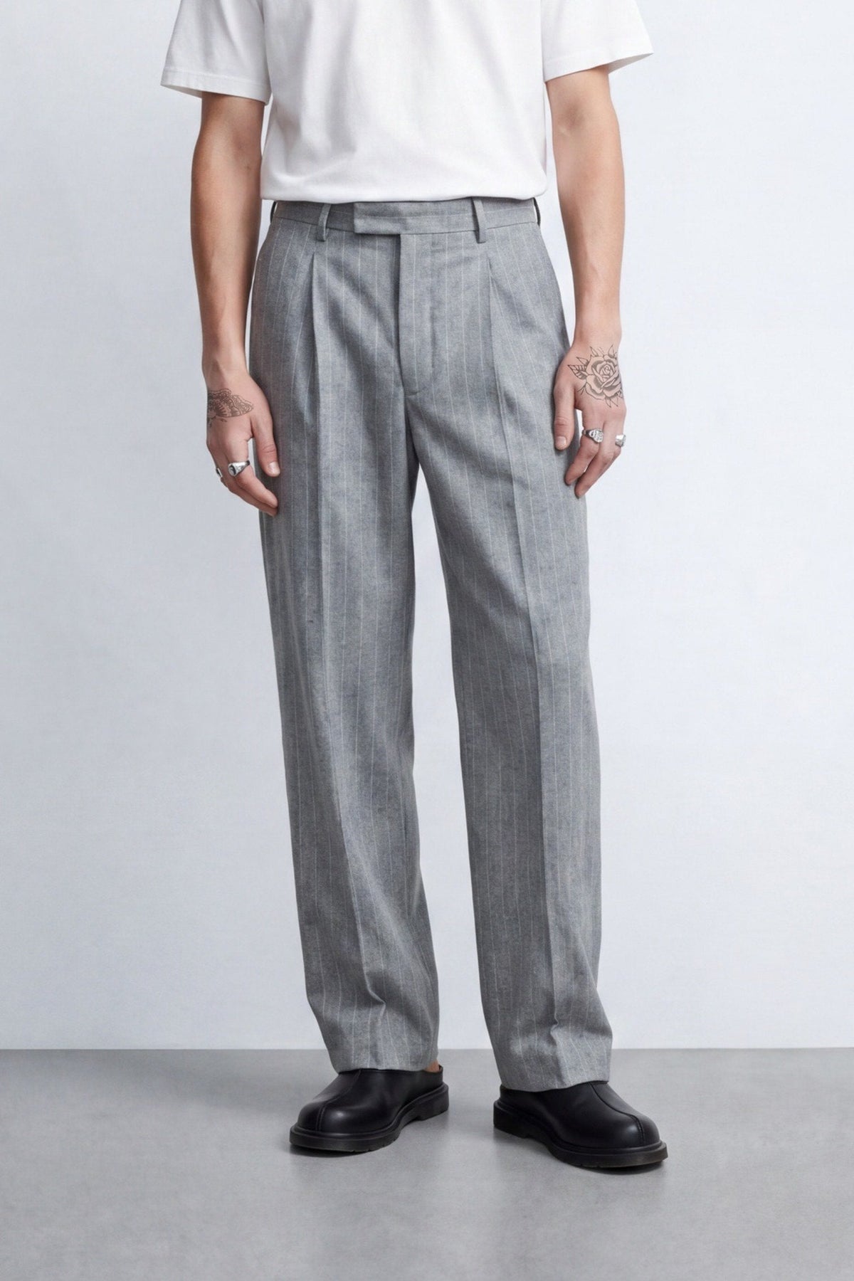 Tyson Relaxed Fit Grey Pinstripe Suit – front crop shot | Apollo Fashions Urbanwear