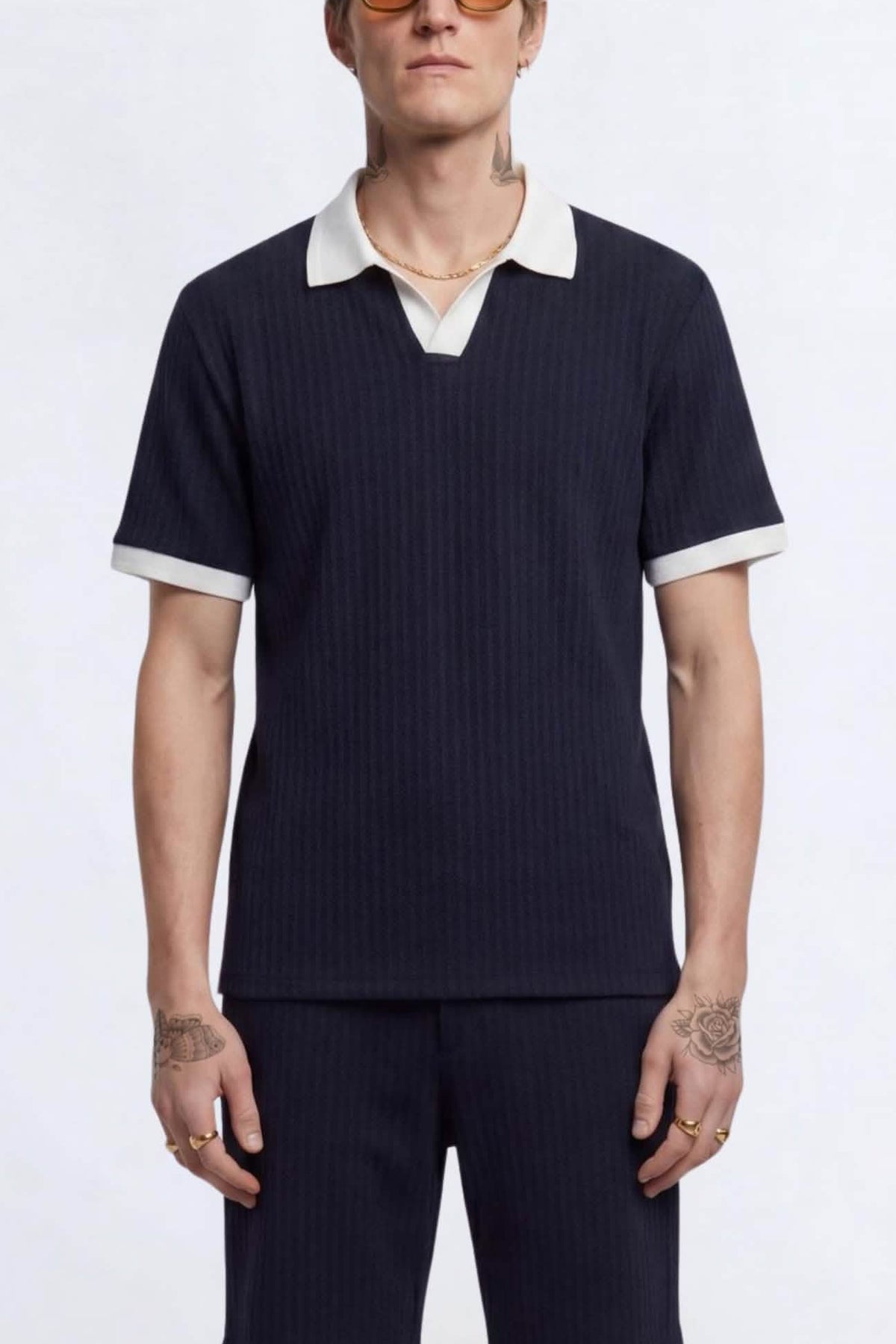 Apollo Fashions Urbanwear Henry Navy Textured Open Collar Polo