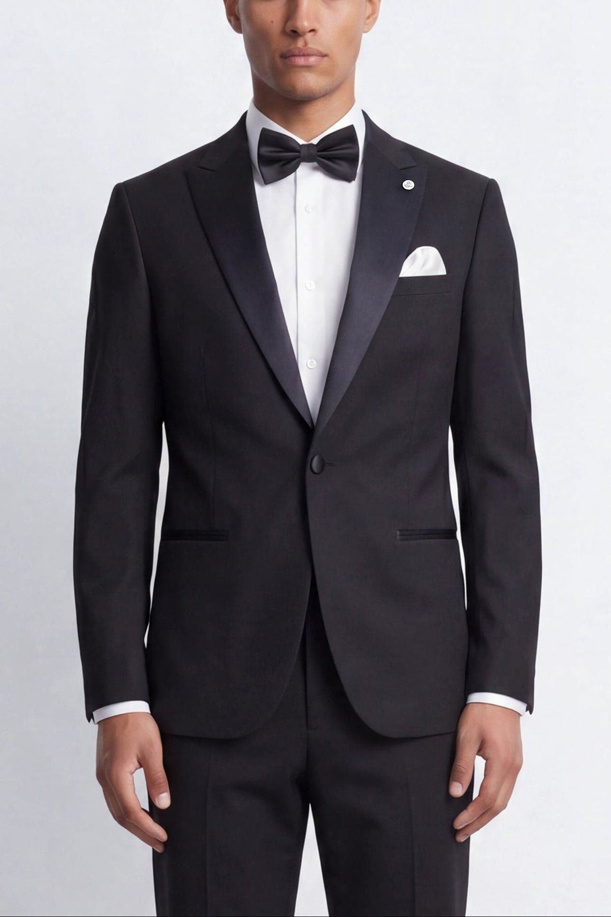 Kingdon Slim Fit Black Tuxedo Suit – front mid shot | Apollo Fashions Urbanwear