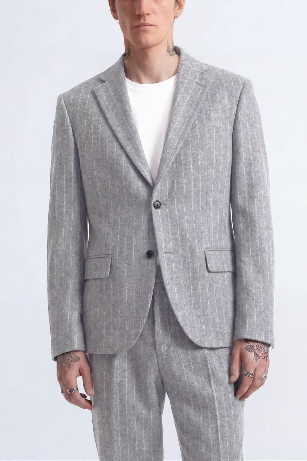 Tyson Relaxed Fit Grey Pinstripe Suit – front mid shot | Apollo Fashions Urbanwear