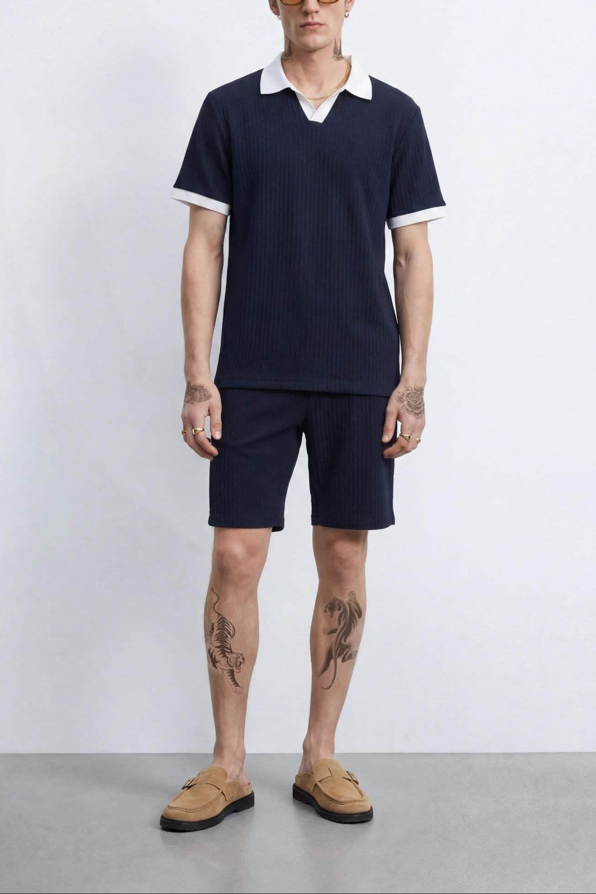 Henry Navy Textured Open Collar Polo – full length shot | Apollo Fashions Urbanwear