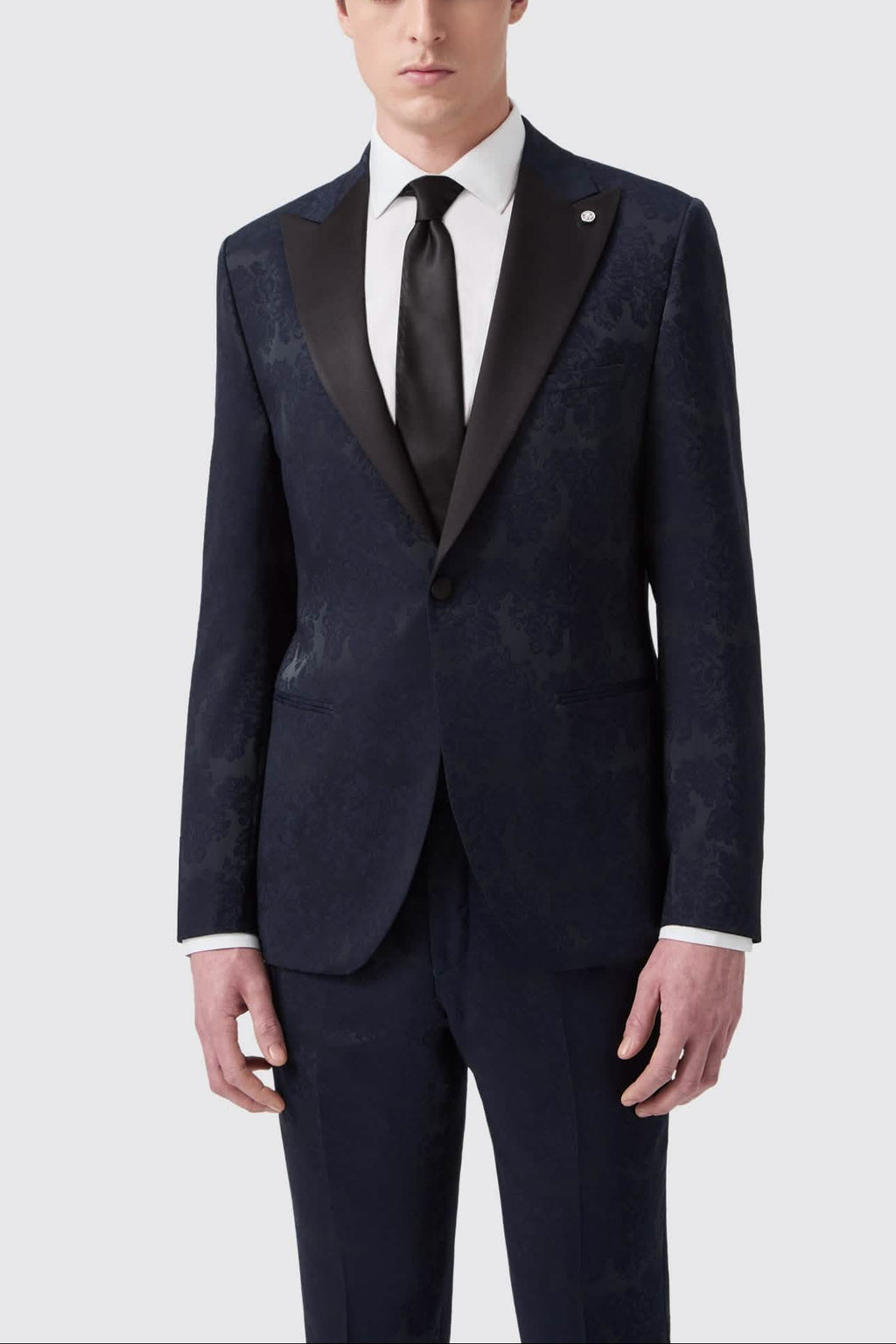 Minerva Slim Fit Navy Jacquard Tuxedo Suit – jacket front mid shot | Apollo Fashions Urbanwear