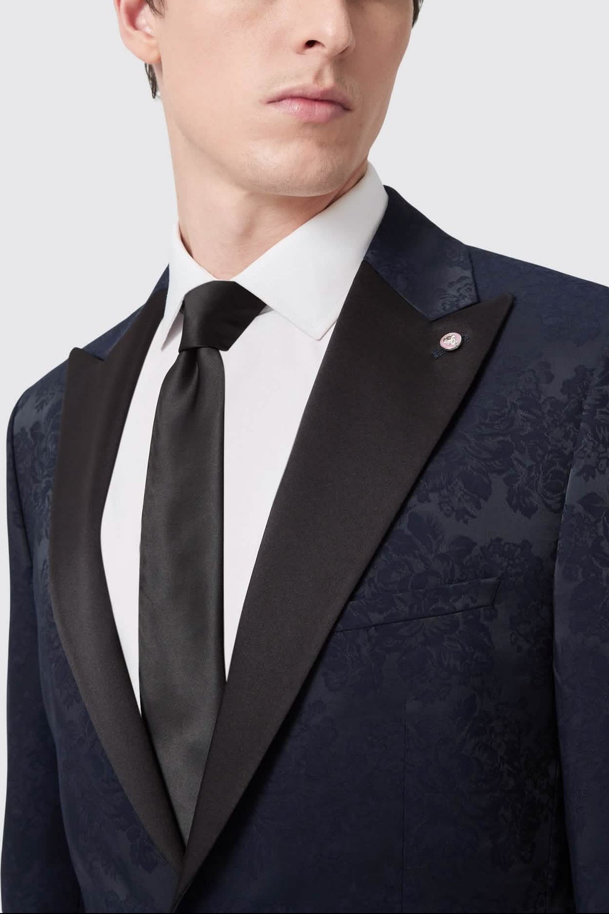 Minerva Slim Fit Navy Jacquard Tuxedo Suit – jacket side view | Apollo Fashions Urbanwear