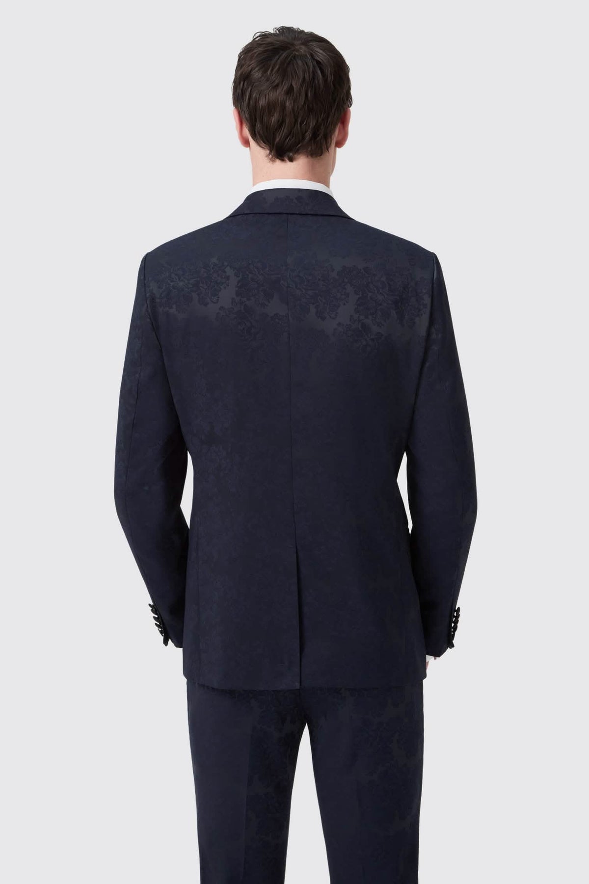 Minerva Slim Fit Navy Jacquard Tuxedo Suit – lapel detail close-up | Apollo Fashions Urbanwear