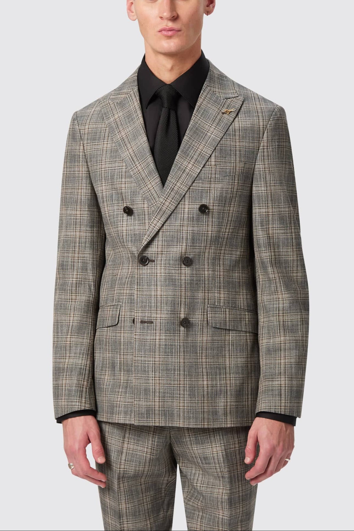 Plunkett Slim Fit Grey Check Double Breasted Suit – front full length | Apollo Fashions Urbanwear