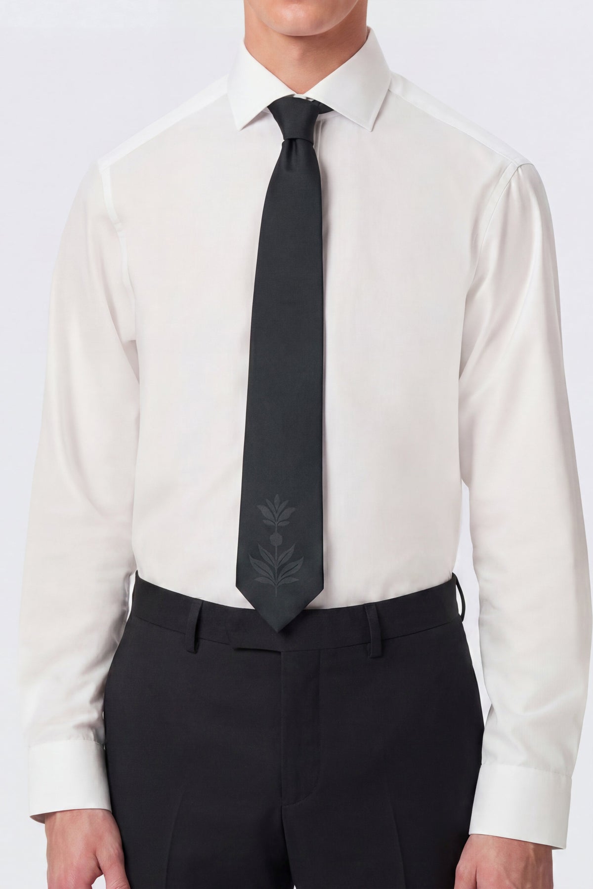 Atticus Black Floral Placement Skinny Tie – floral motif detail close-up | Apollo Fashions Urbanwear